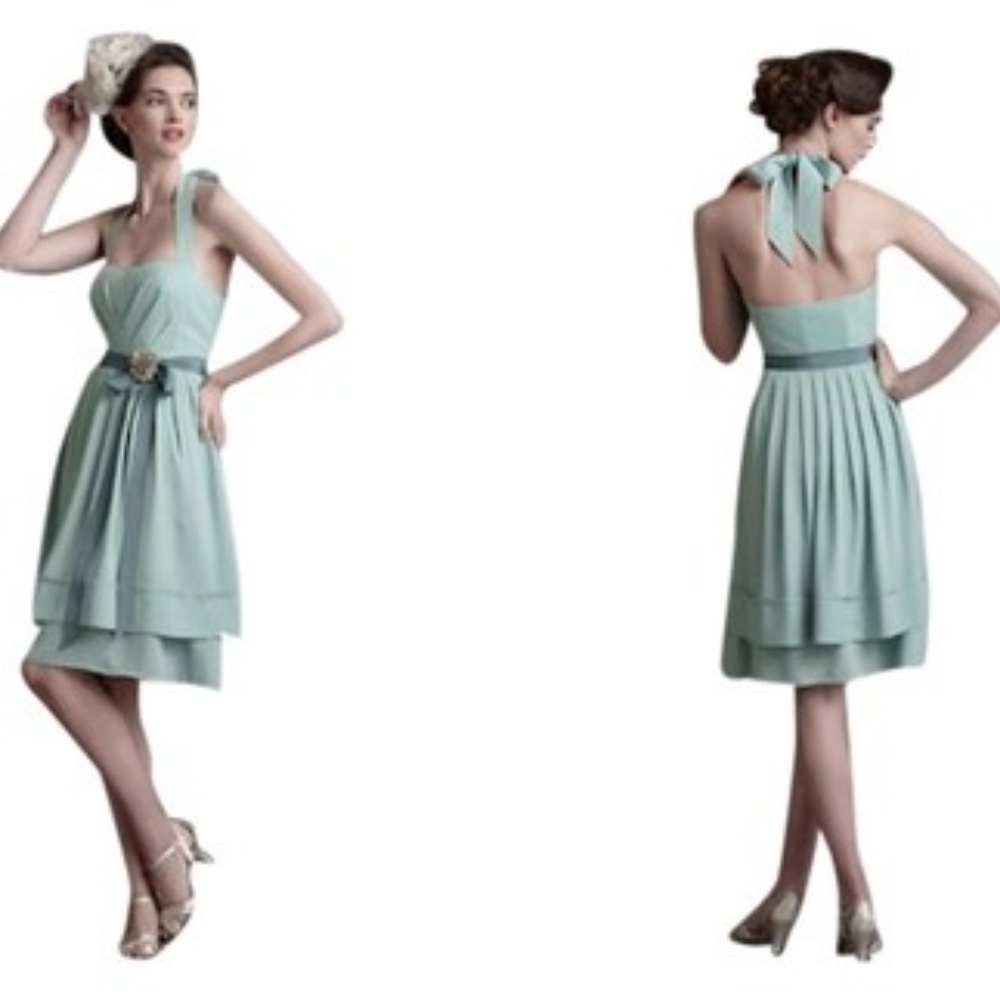 Green pleated BHLDN dress with removable straps
